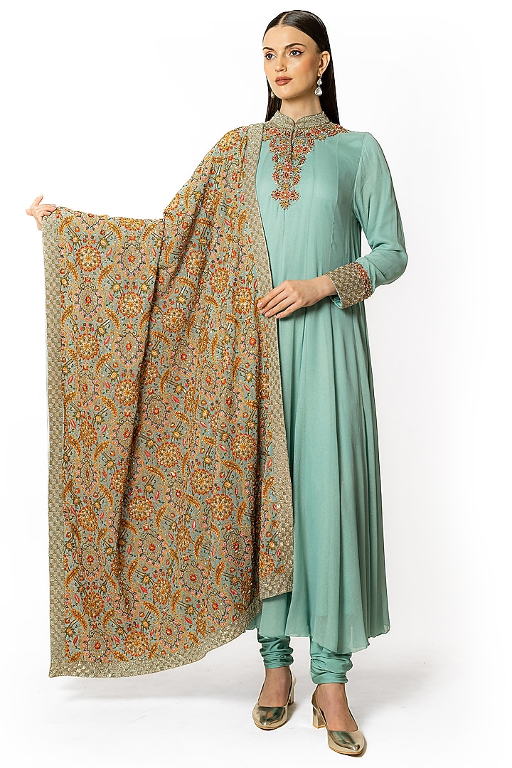 Aqua Georgette Thread Embroidered Kalidar Kurta Set by Rabani & Rakha at Pernia's Pop Up Shop