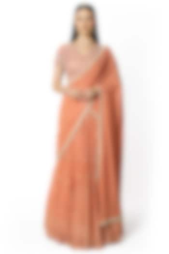 Peach Georgette Mirror Embroidered Bridal Lehenga Set by Rabani & Rakha at Pernia's Pop Up Shop