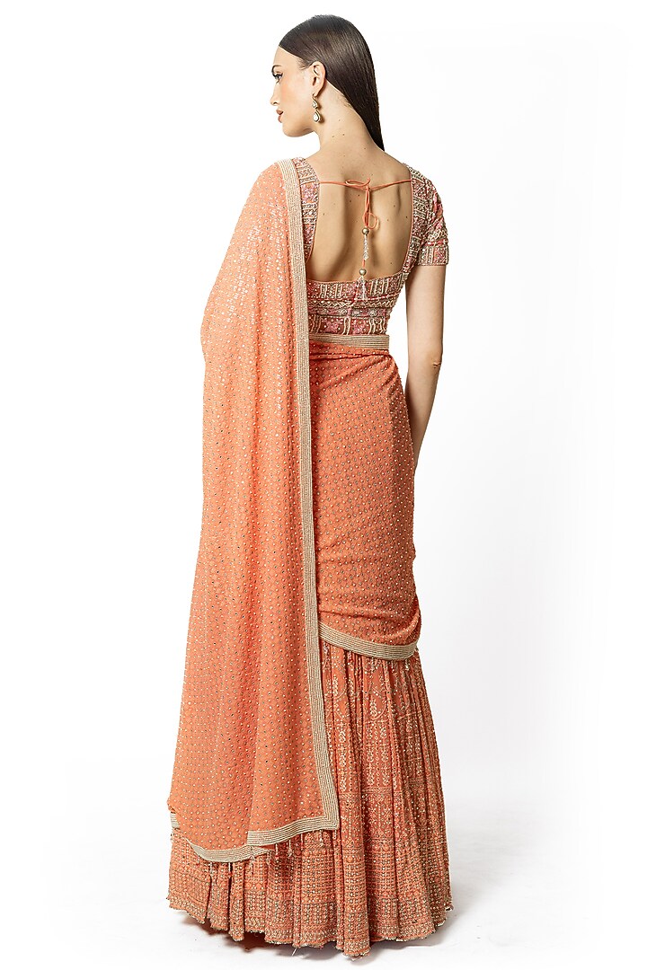 Peach Georgette Mirror Embroidered Bridal Lehenga Set by Rabani & Rakha at Pernia's Pop Up Shop
