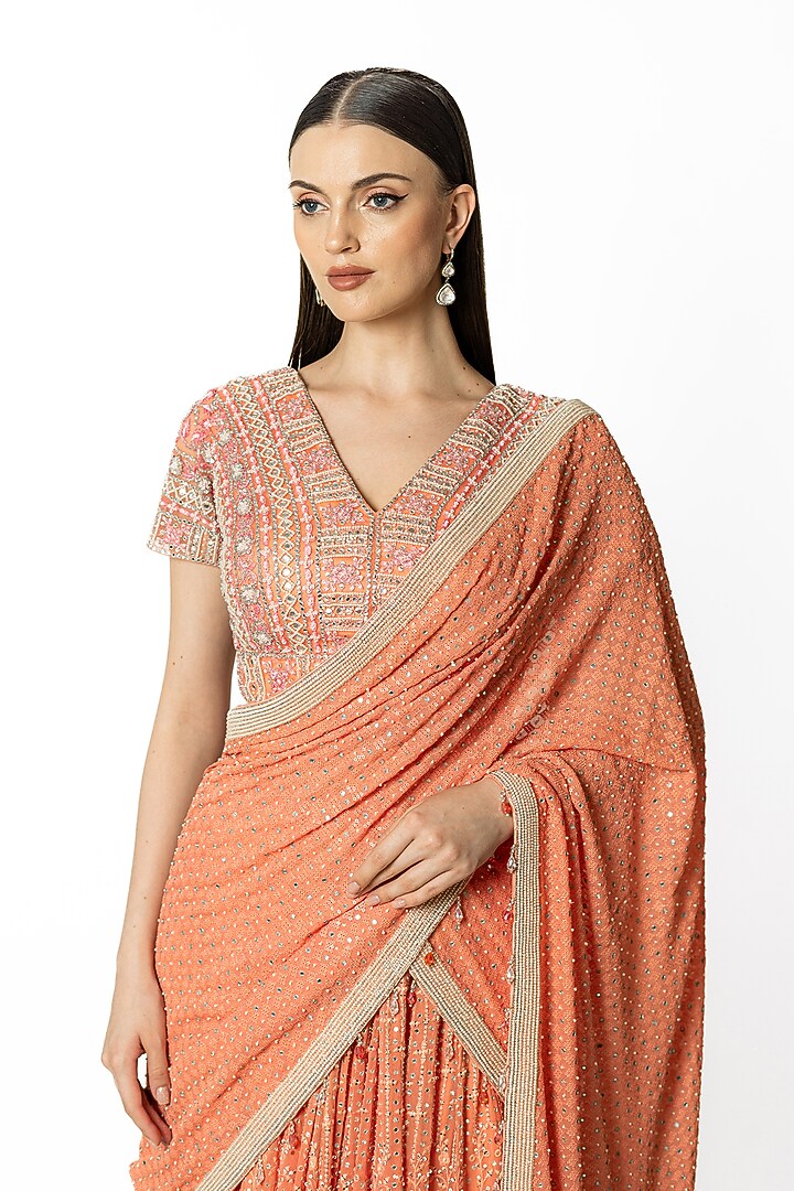 Peach Georgette Mirror Embroidered Bridal Lehenga Set by Rabani & Rakha at Pernia's Pop Up Shop