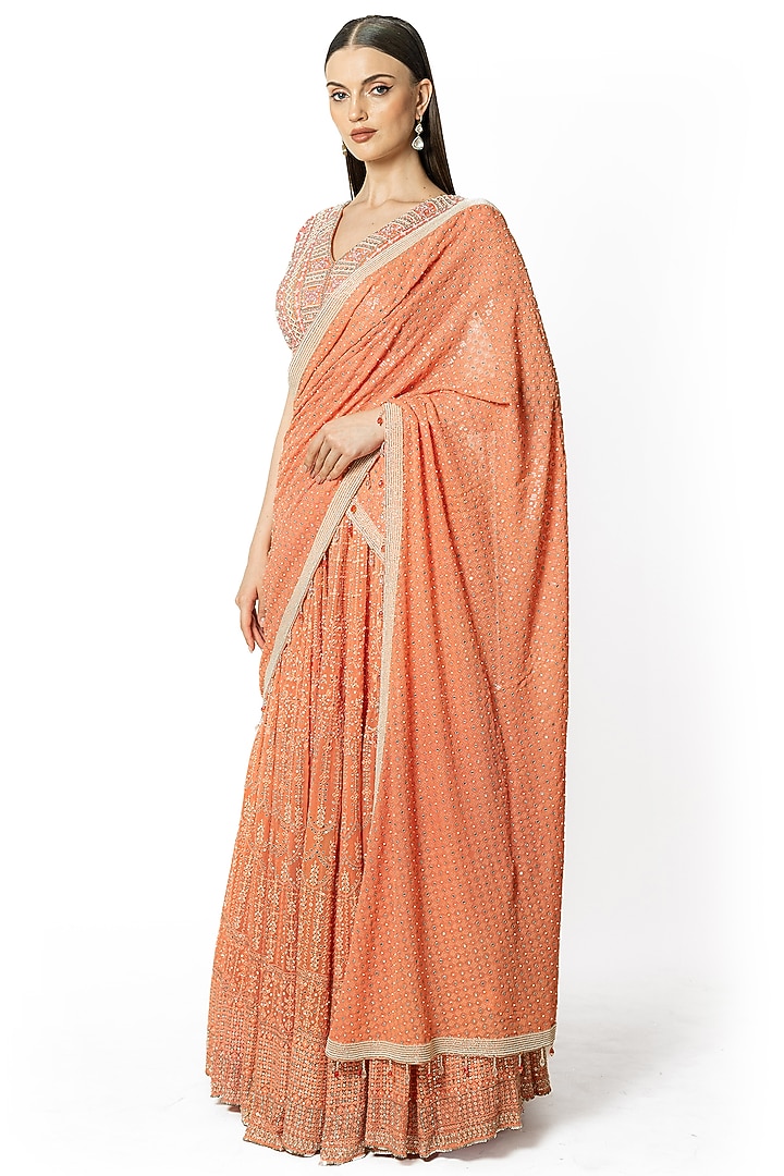 Peach Georgette Mirror Embroidered Bridal Lehenga Set by Rabani & Rakha at Pernia's Pop Up Shop