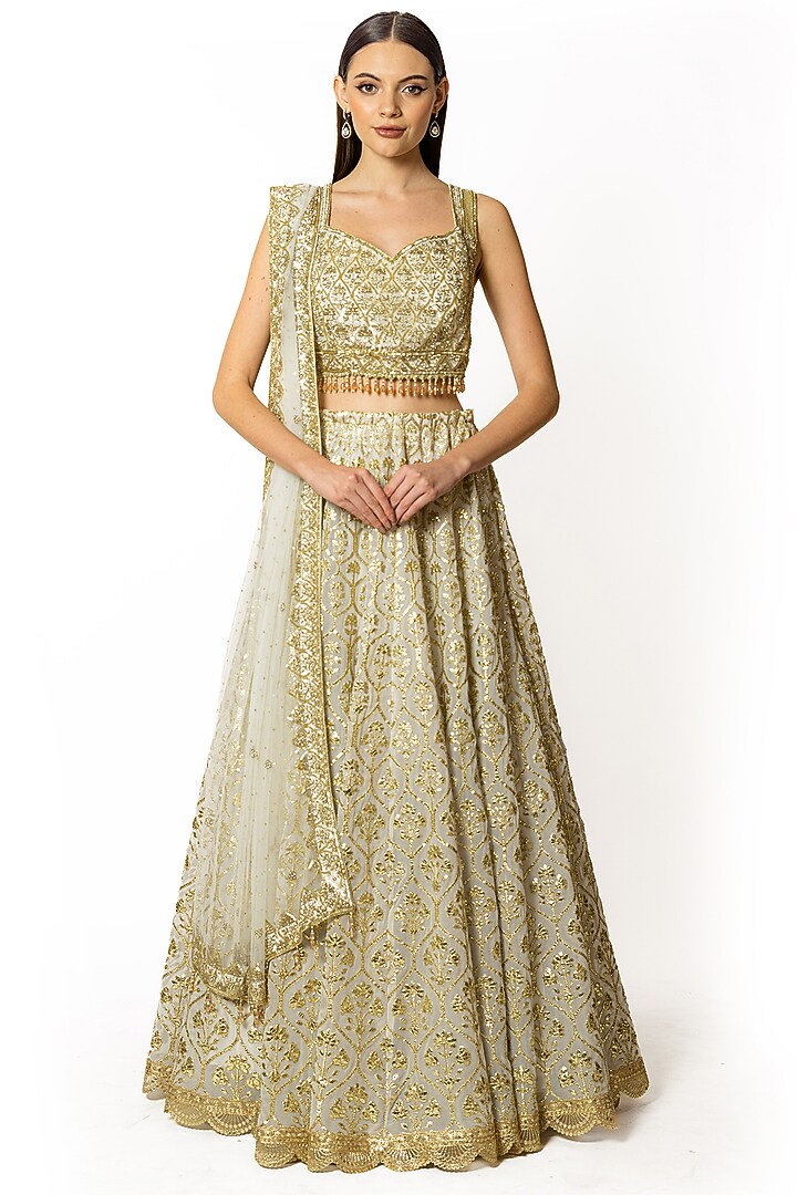 Ivory Georgette Gota Embroidered Bridal Lehenga Set by Rabani & Rakha at Pernia's Pop Up Shop