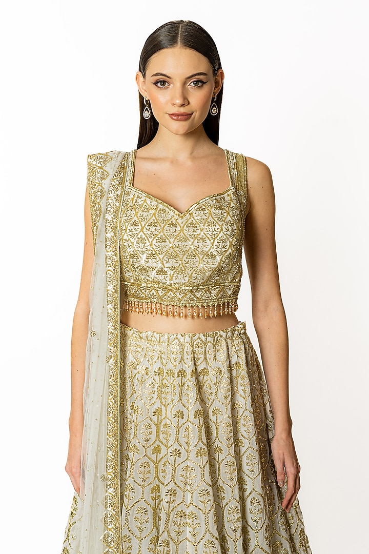 Ivory Georgette Gota Embroidered Bridal Lehenga Set by Rabani & Rakha at Pernia's Pop Up Shop