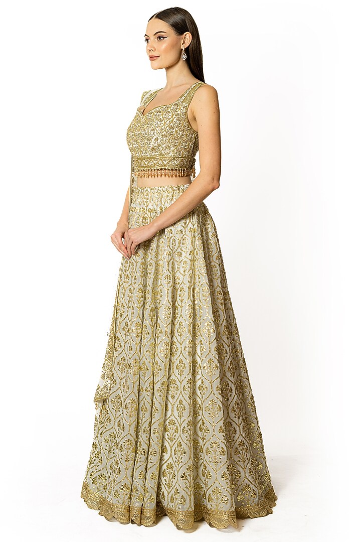 Ivory Georgette Gota Embroidered Bridal Lehenga Set by Rabani & Rakha at Pernia's Pop Up Shop