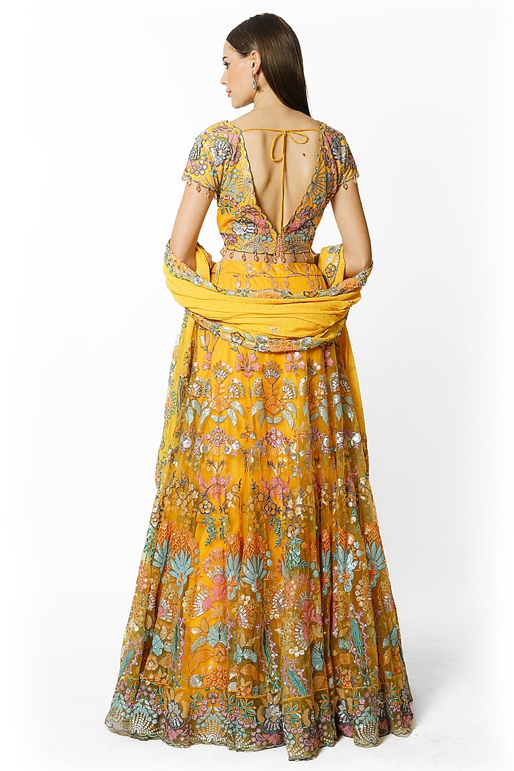 Yellow Georgette & Net Sequins Embroidered Bridal Lehenga Set by Rabani & Rakha at Pernia's Pop Up Shop