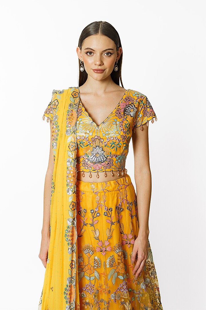 Yellow Georgette & Net Sequins Embroidered Bridal Lehenga Set by Rabani & Rakha at Pernia's Pop Up Shop