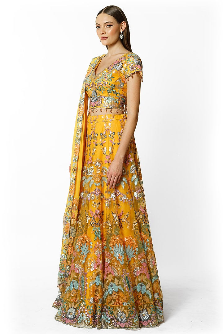 Yellow Georgette & Net Sequins Embroidered Bridal Lehenga Set by Rabani & Rakha at Pernia's Pop Up Shop