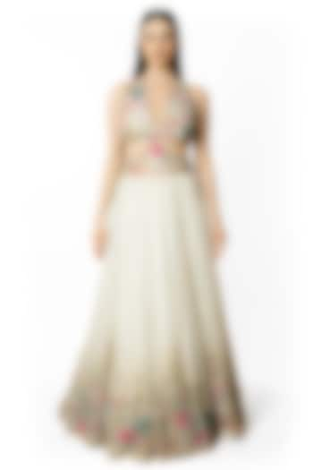 Ivory Georgette Embroidered Gown by Rabani & Rakha at Pernia's Pop Up Shop