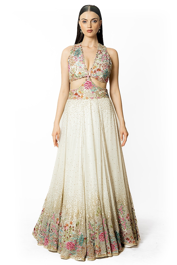 Ivory Georgette Embroidered Gown by Rabani & Rakha at Pernia's Pop Up Shop