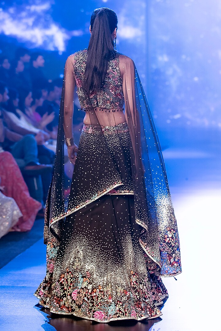 Black Georgette & Net Sequins Embroidered Bridal Lehenga Set by Rabani & Rakha at Pernia's Pop Up Shop