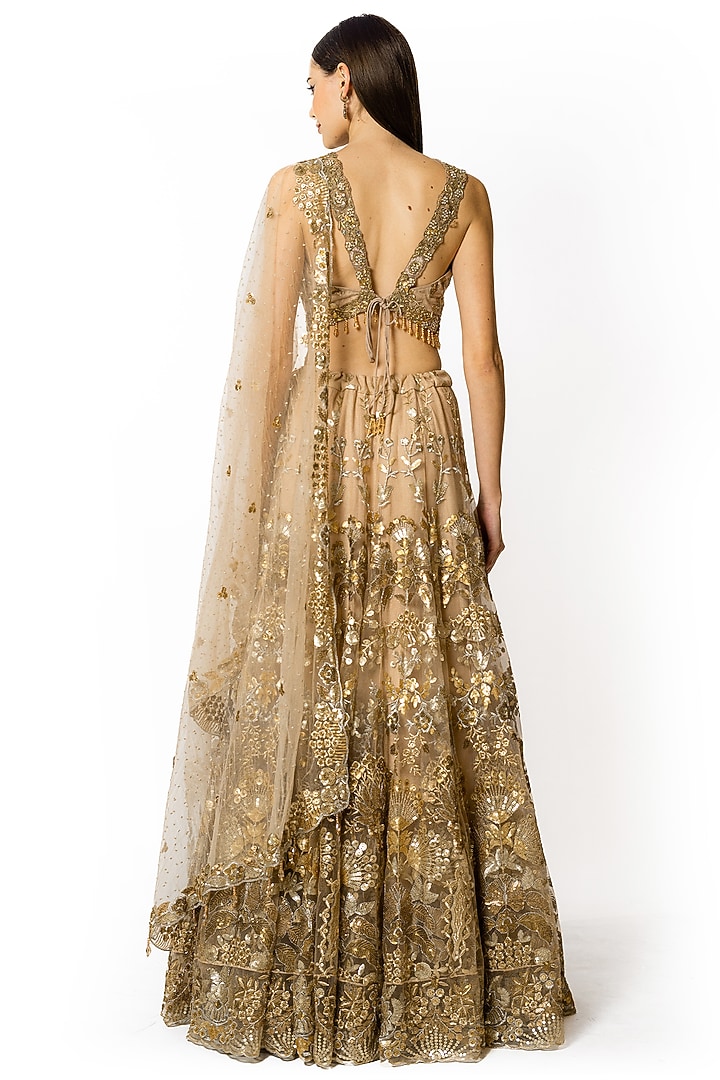Gold Net Sequins Embroidered Bridal Lehenga Set by Rabani & Rakha at Pernia's Pop Up Shop