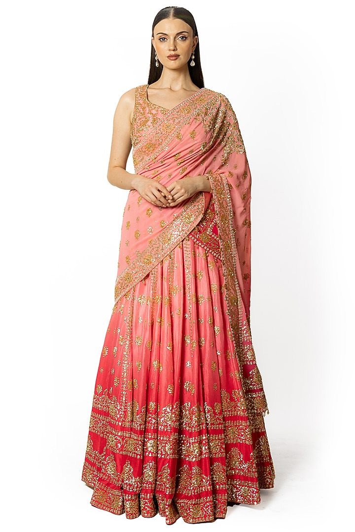 Rose Pink Shaded Dupion Silk Hand Embroidered Bridal Lehenga Set by Rabani & Rakha at Pernia's Pop Up Shop