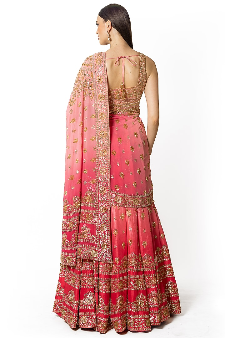 Rose Pink Shaded Dupion Silk Hand Embroidered Bridal Lehenga Set by Rabani & Rakha at Pernia's Pop Up Shop