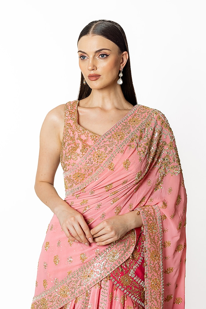 Rose Pink Shaded Dupion Silk Hand Embroidered Bridal Lehenga Set by Rabani & Rakha at Pernia's Pop Up Shop