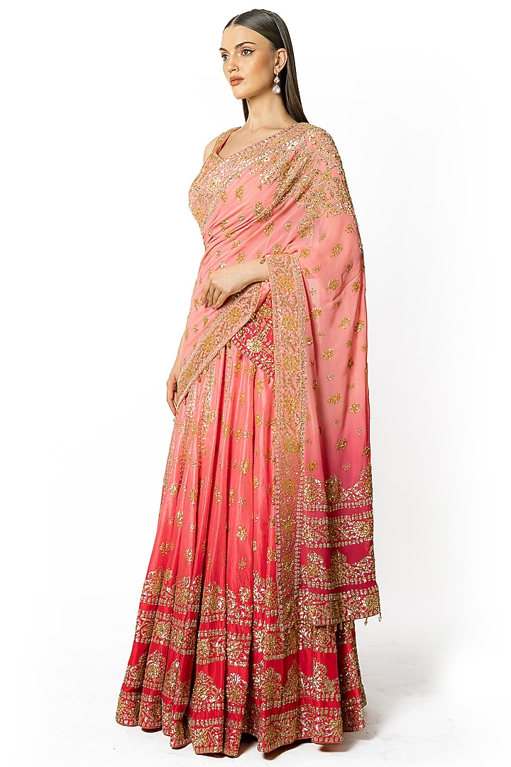 Rose Pink Shaded Dupion Silk Hand Embroidered Bridal Lehenga Set by Rabani & Rakha at Pernia's Pop Up Shop