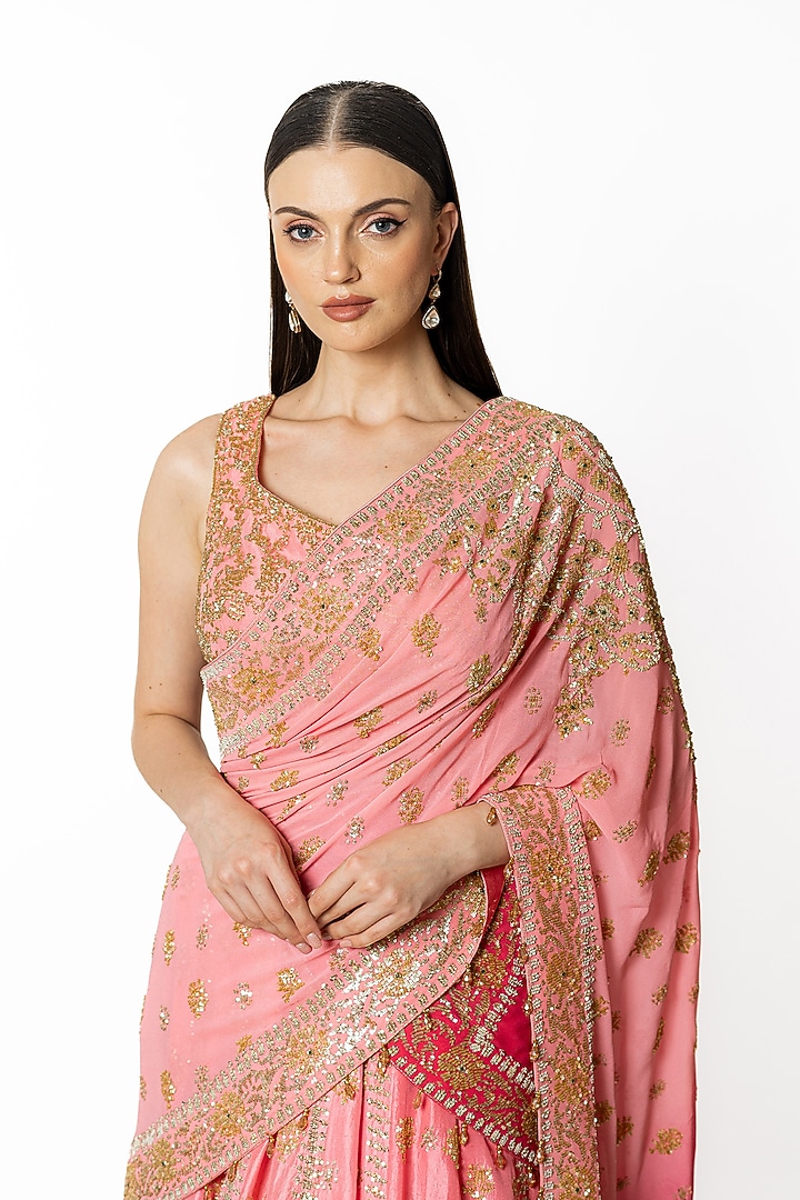 Rose Pink Shaded Dupion Silk Hand Embroidered Bridal Lehenga Set by Rabani & Rakha at Pernia's Pop Up Shop