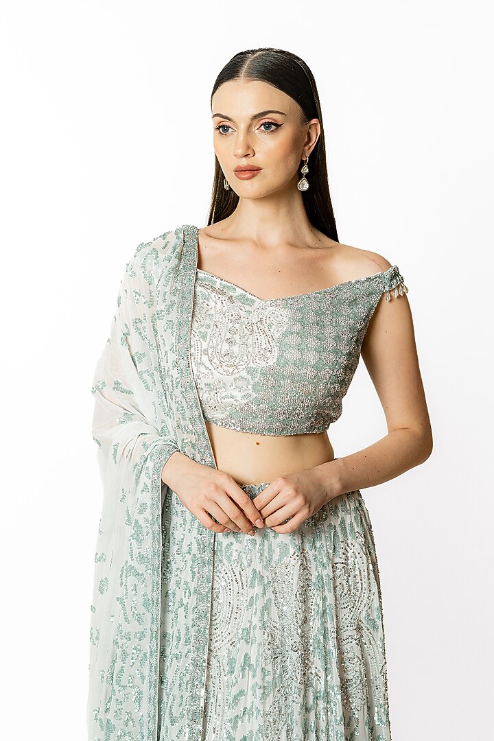 Silver Georgette Hand Embroidered Bridal Lehenga Set by Rabani & Rakha at Pernia's Pop Up Shop