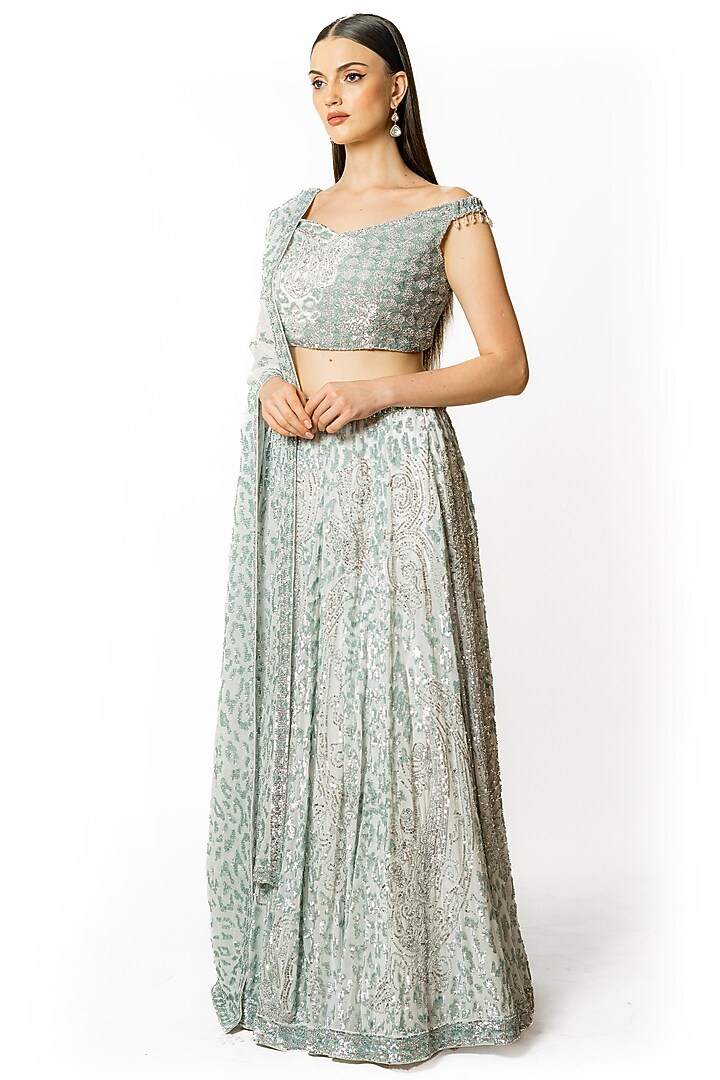 Silver Georgette Hand Embroidered Bridal Lehenga Set by Rabani & Rakha at Pernia's Pop Up Shop