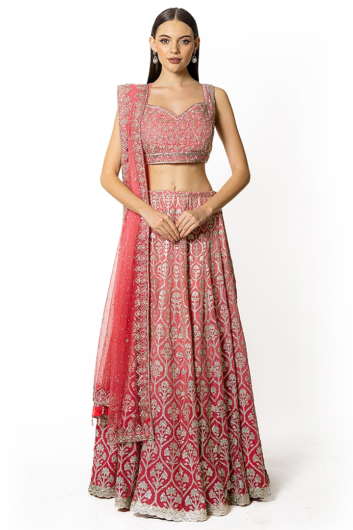 Rose Pink Shaded Georgette Sequins Embroidered Bridal Lehenga Set by Rabani & Rakha at Pernia's Pop Up Shop