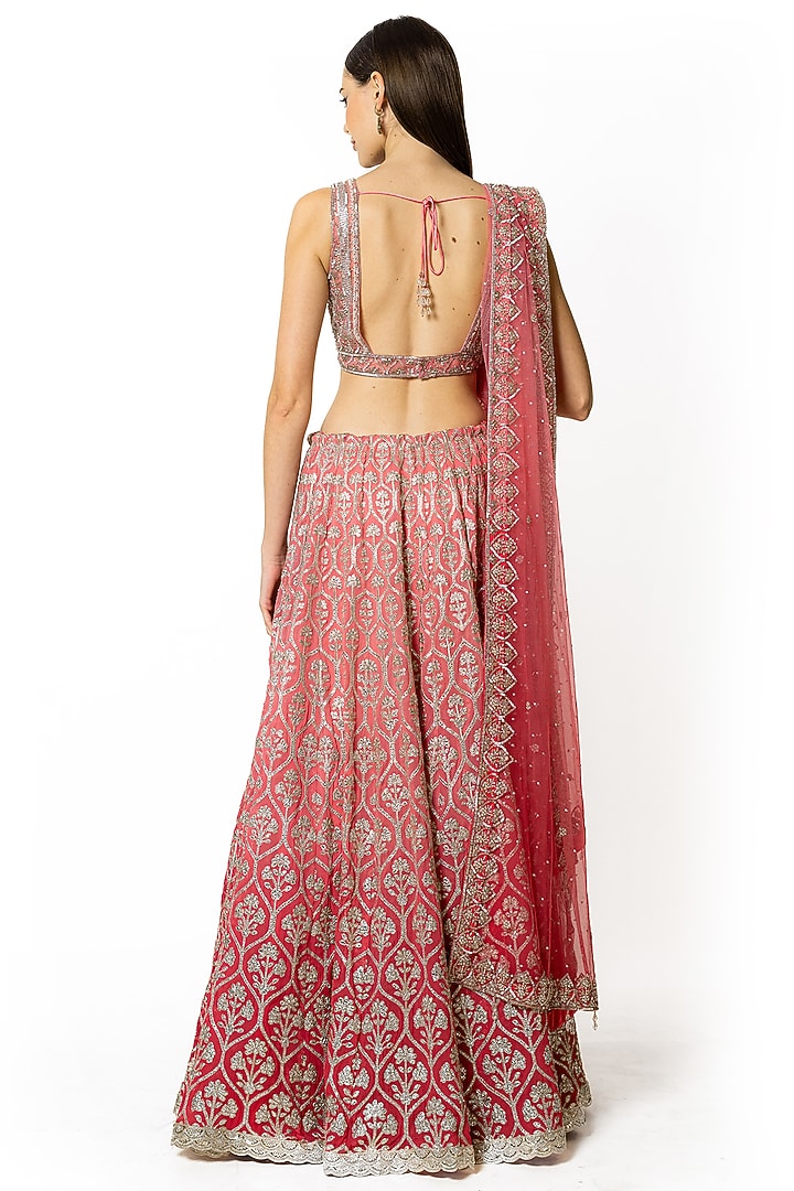 Rose Pink Shaded Georgette Sequins Embroidered Bridal Lehenga Set by Rabani & Rakha at Pernia's Pop Up Shop