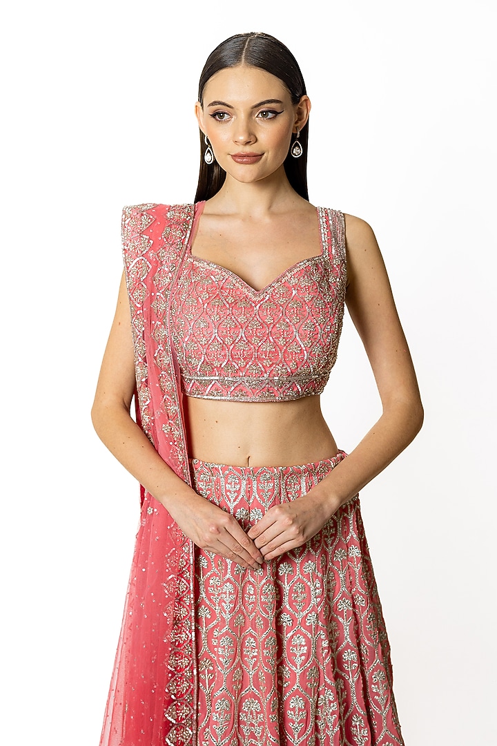 Rose Pink Shaded Georgette Sequins Embroidered Bridal Lehenga Set by Rabani & Rakha at Pernia's Pop Up Shop