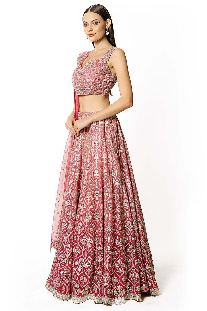 Rose Pink Shaded Georgette Sequins Embroidered Bridal Lehenga Set by Rabani & Rakha at Pernia's Pop Up Shop
