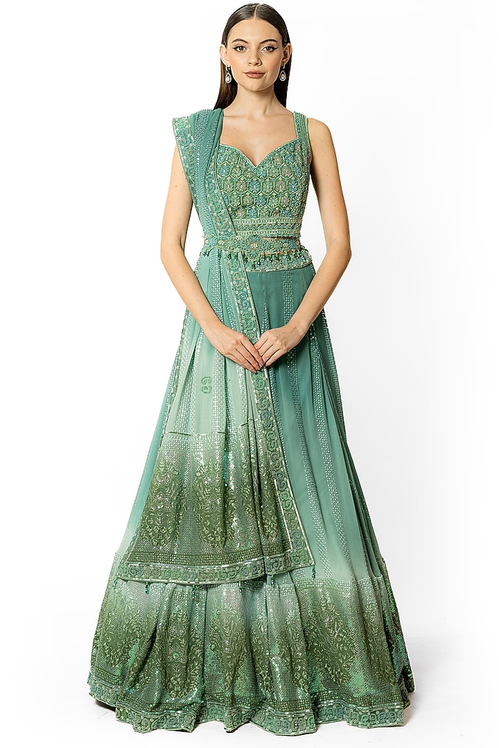 Peacock Green & Aqua Shaded Georgette Thread Embroidred Bridal Lehenga Set by Rabani & Rakha at Pernia's Pop Up Shop