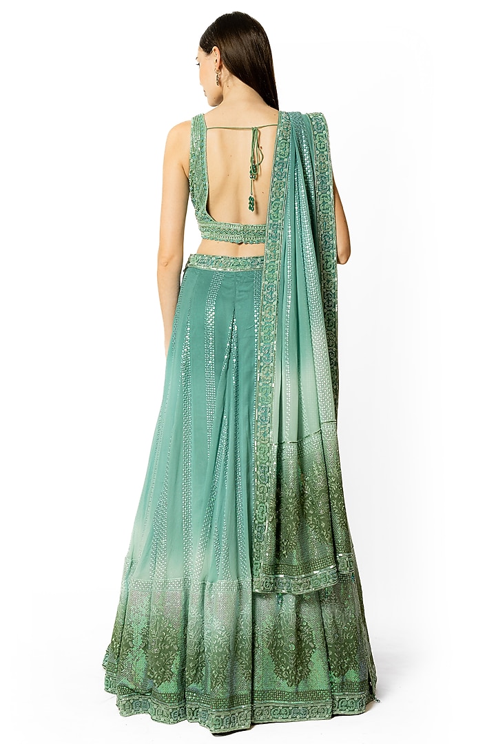 Peacock Green & Aqua Shaded Georgette Thread Embroidred Bridal Lehenga Set by Rabani & Rakha at Pernia's Pop Up Shop