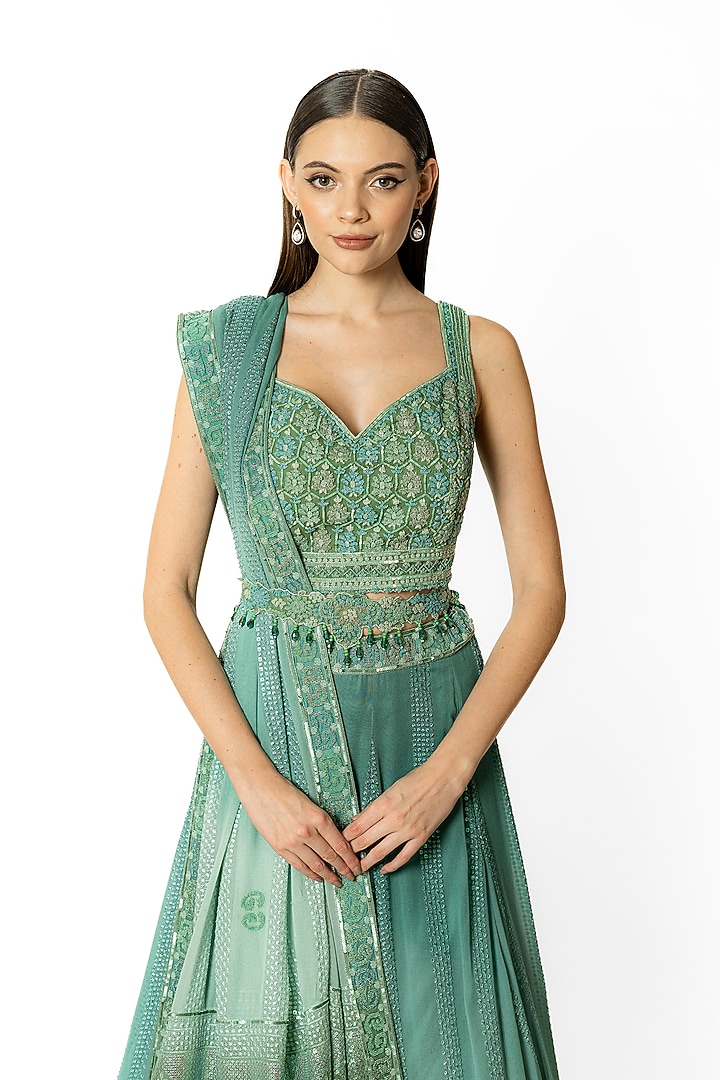 Peacock Green & Aqua Shaded Georgette Thread Embroidred Bridal Lehenga Set by Rabani & Rakha at Pernia's Pop Up Shop