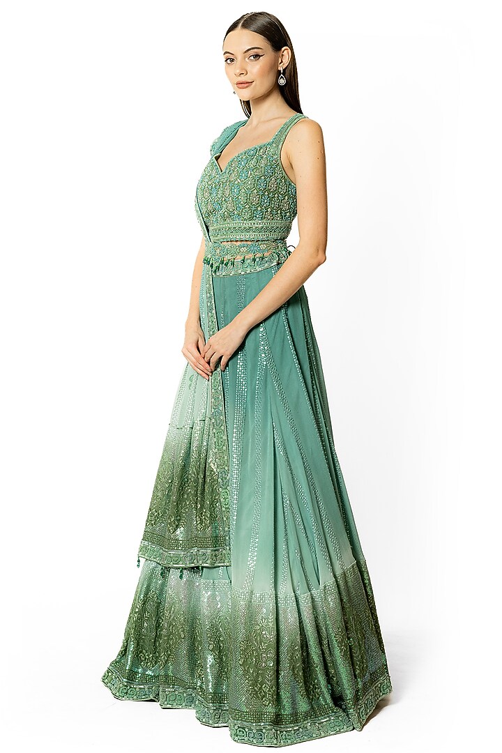 Peacock Green & Aqua Shaded Georgette Thread Embroidred Bridal Lehenga Set by Rabani & Rakha at Pernia's Pop Up Shop