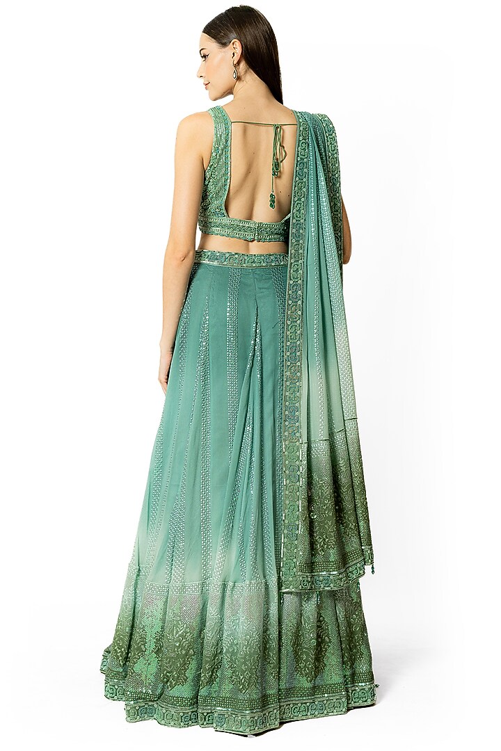 Peacock Green & Aqua Shaded Georgette Thread Embroidred Bridal Lehenga Set by Rabani & Rakha at Pernia's Pop Up Shop