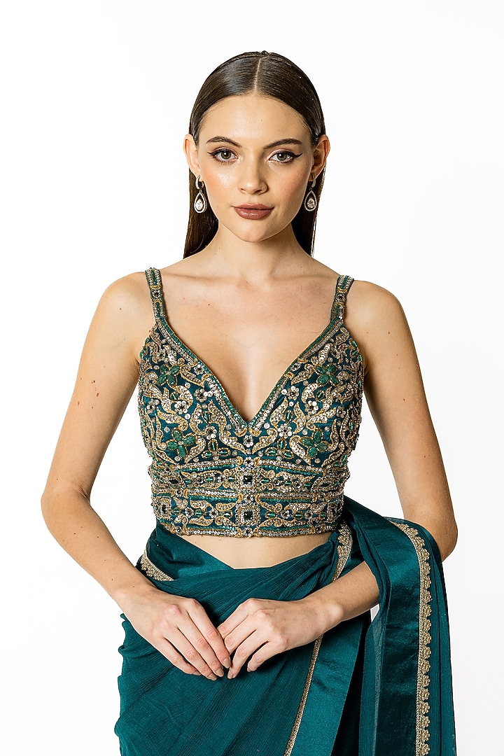Peacock Green Chiffon Wedding Saree Set by Rabani & Rakha at Pernia's Pop Up Shop