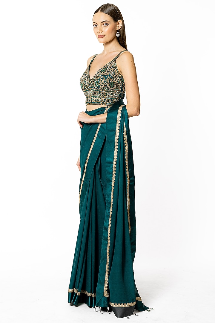 Peacock Green Chiffon Wedding Saree Set by Rabani & Rakha at Pernia's Pop Up Shop