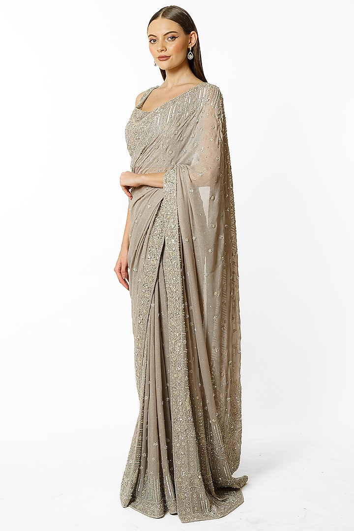 Grey Georgette Hand Embroidered Reception Saree Set by Rabani & Rakha at Pernia's Pop Up Shop