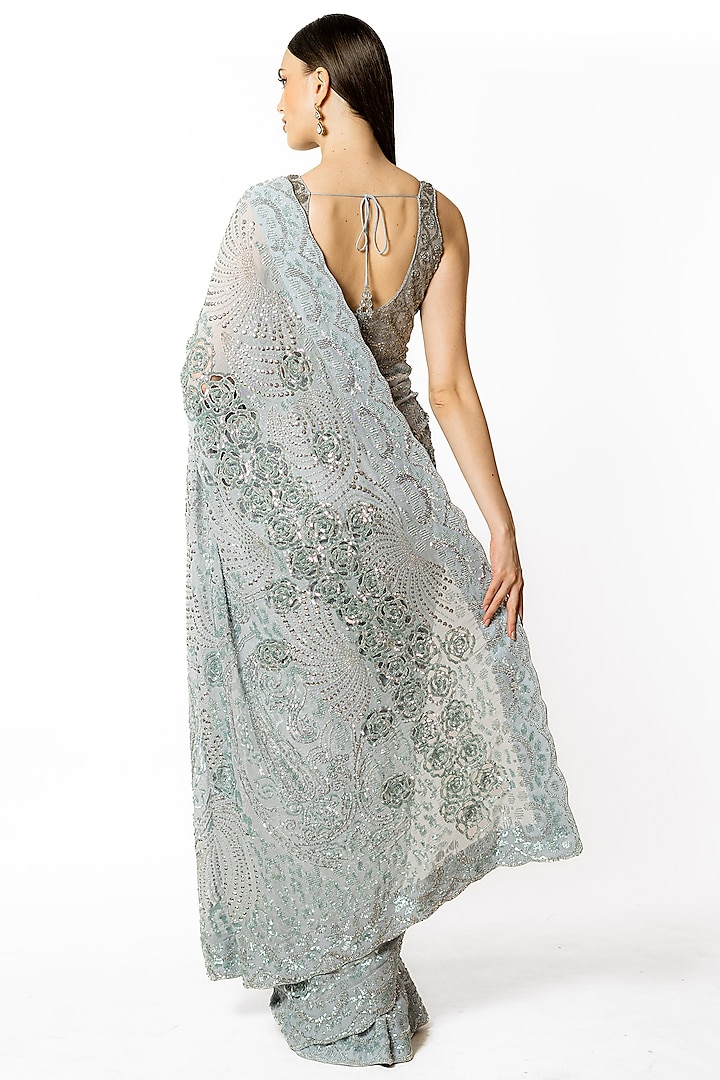 Silver Grey Georgette Hand Embroidered Bridal Saree Set by Rabani & Rakha at Pernia's Pop Up Shop