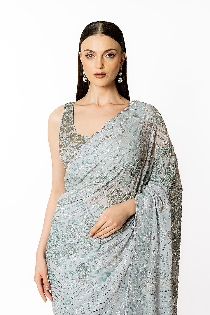 Silver Grey Georgette Hand Embroidered Bridal Saree Set by Rabani & Rakha at Pernia's Pop Up Shop