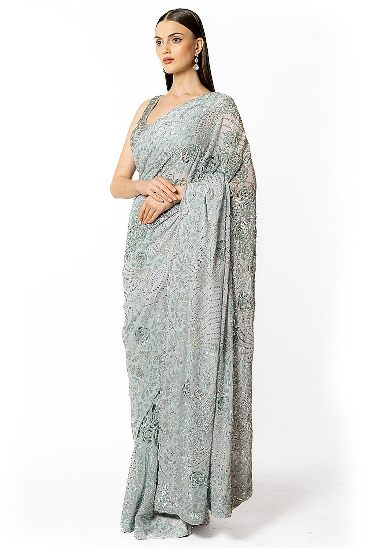Silver Grey Georgette Hand Embroidered Bridal Saree Set by Rabani & Rakha at Pernia's Pop Up Shop