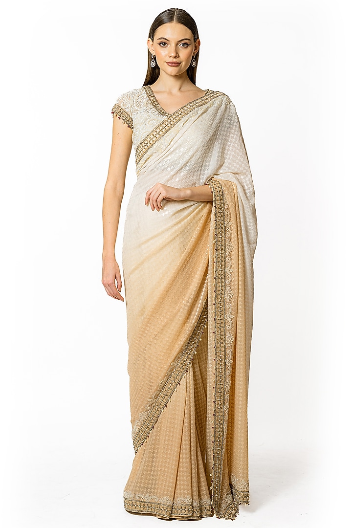 Ivory & Beige Ombre Georgette Bead Embroidered Reception Saree Set by Rabani & Rakha at Pernia's Pop Up Shop