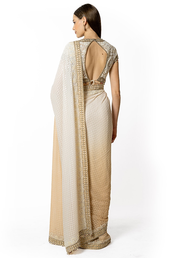 Ivory & Beige Ombre Georgette Bead Embroidered Reception Saree Set by Rabani & Rakha at Pernia's Pop Up Shop