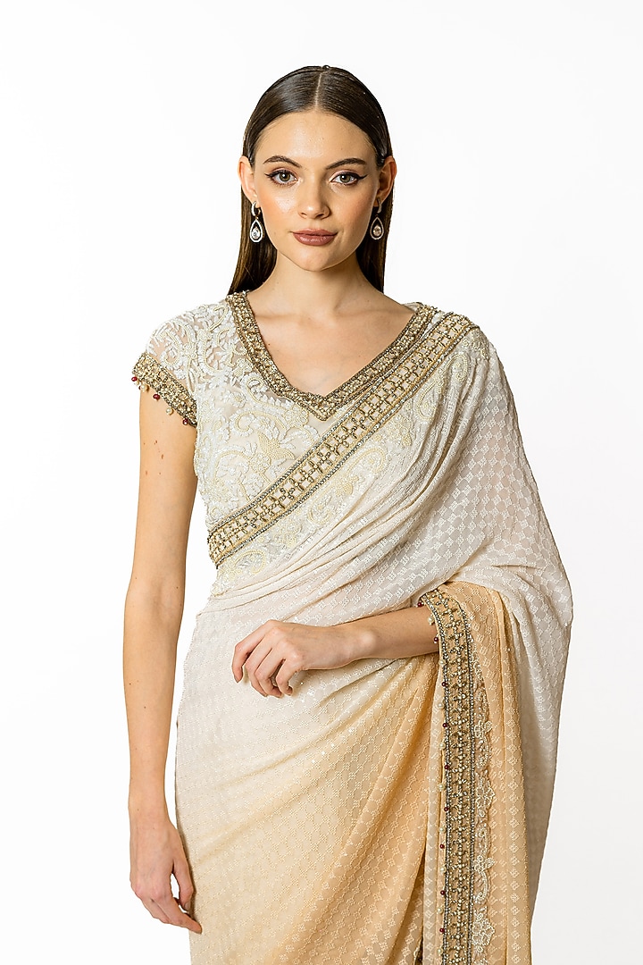 Ivory & Beige Ombre Georgette Bead Embroidered Reception Saree Set by Rabani & Rakha at Pernia's Pop Up Shop