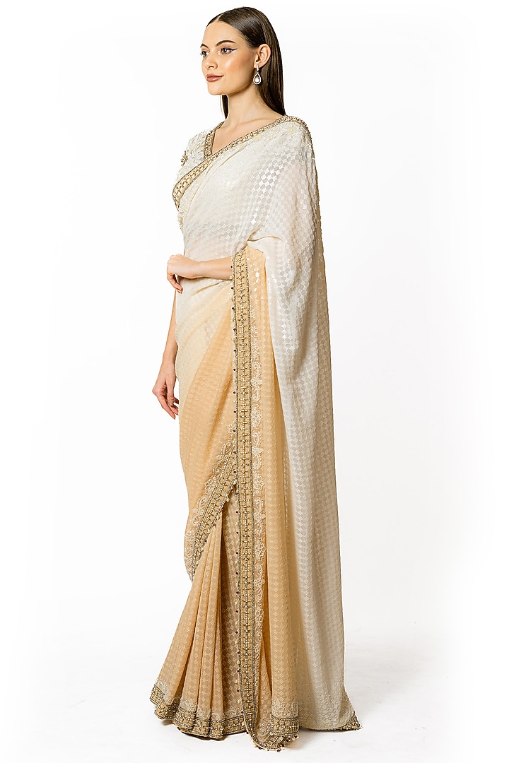 Ivory & Beige Ombre Georgette Bead Embroidered Reception Saree Set by Rabani & Rakha at Pernia's Pop Up Shop