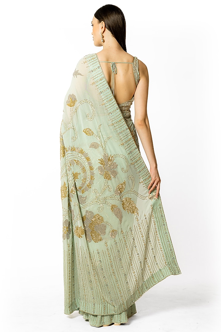 Aqua Georgette Hand Embroidered Reception Saree Set by Rabani & Rakha at Pernia's Pop Up Shop