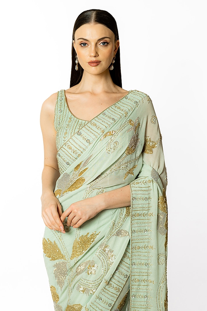 Aqua Georgette Hand Embroidered Reception Saree Set by Rabani & Rakha at Pernia's Pop Up Shop