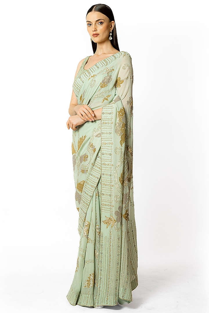 Aqua Georgette Hand Embroidered Reception Saree Set by Rabani & Rakha at Pernia's Pop Up Shop