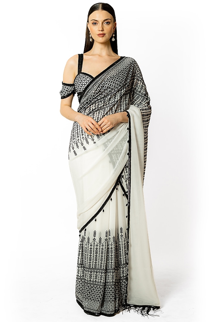 Ivory Georgette Thread Embroidered Saree Set by Rabani & Rakha at Pernia's Pop Up Shop