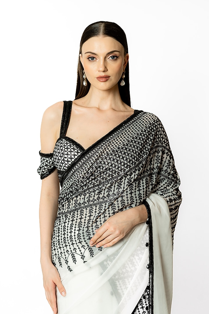 Ivory Georgette Thread Embroidered Reception Saree Set by Rabani & Rakha at Pernia's Pop Up Shop