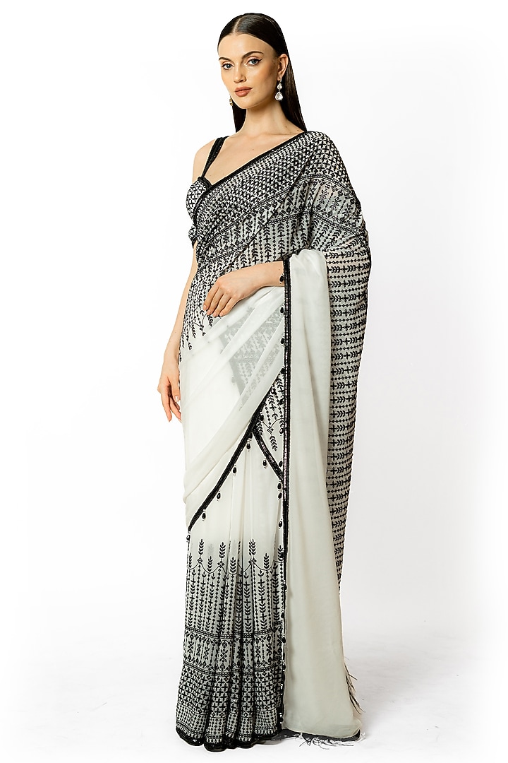 Ivory Georgette Thread Embroidered Reception Saree Set by Rabani & Rakha at Pernia's Pop Up Shop