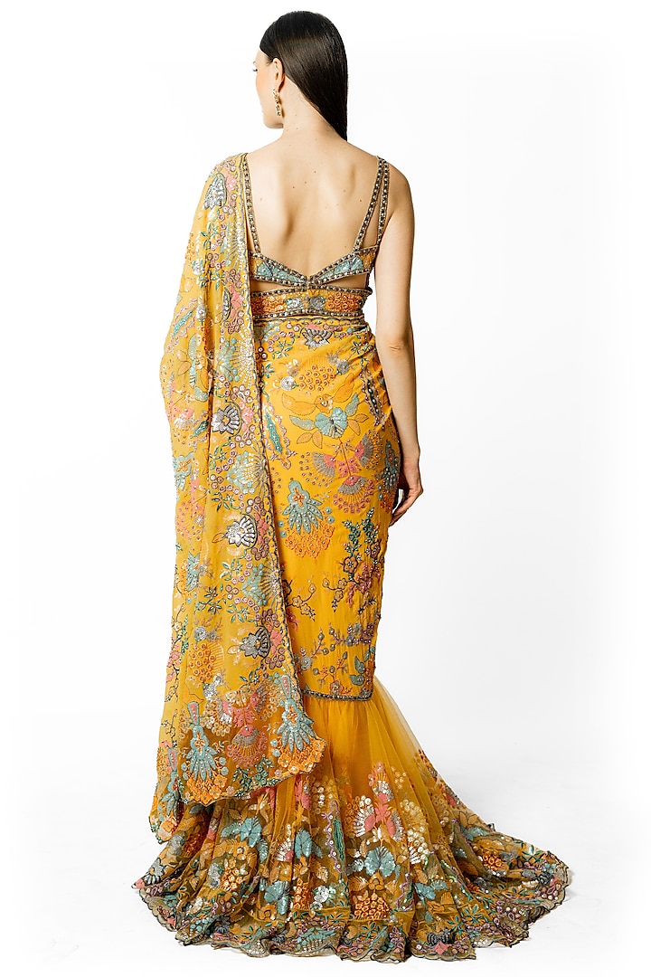 Yellow Georgette & Net Sequins Embroidered Reception Lehenga Saree Set by Rabani & Rakha at Pernia's Pop Up Shop