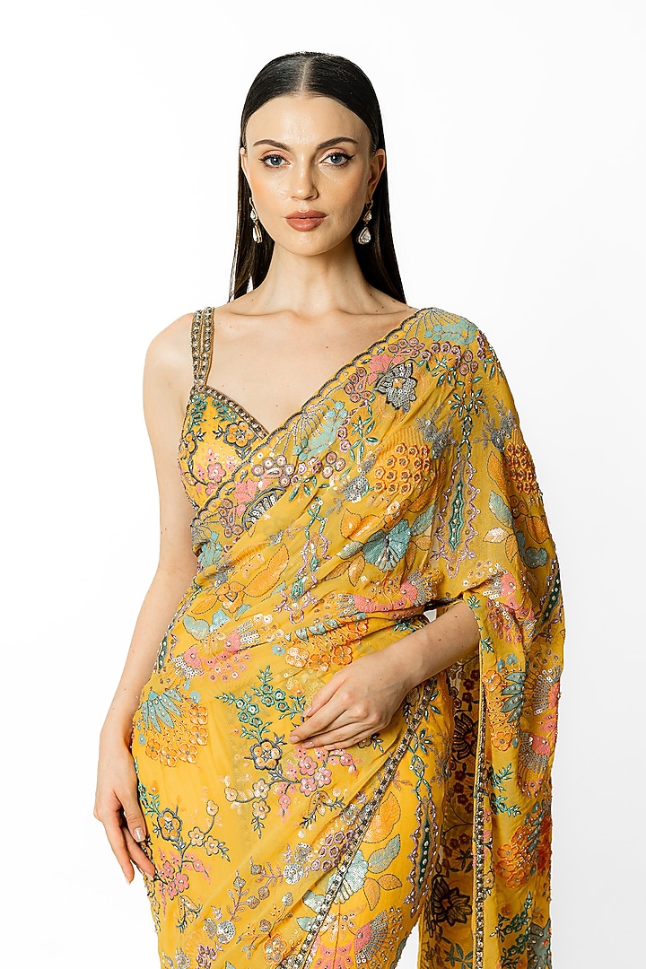Yellow Georgette & Net Sequins Embroidered Reception Lehenga Saree Set by Rabani & Rakha at Pernia's Pop Up Shop