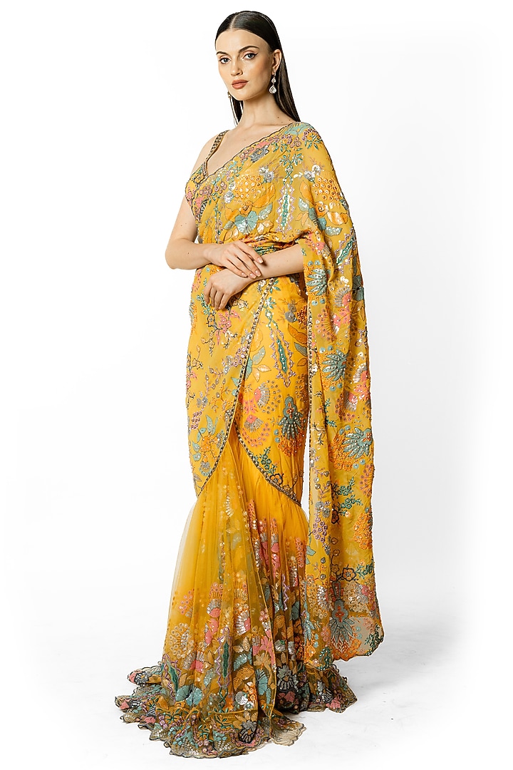 Yellow Georgette & Net Sequins Embroidered Reception Lehenga Saree Set by Rabani & Rakha at Pernia's Pop Up Shop
